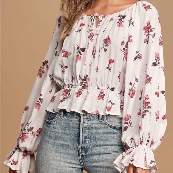 NWT White Floral Print Ruffled Long Sleeve Blouse - Picture 1 of 4
